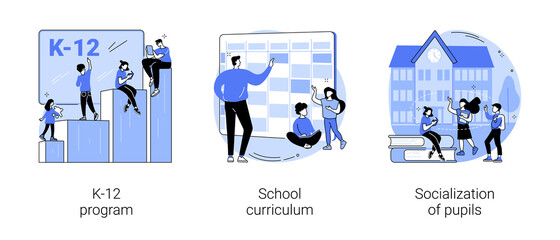 Education program abstract concept vector illustration set. K-12 program, school curriculum, pupils socialization, public school, learning calendar, academic course, play together abstract metaphor.