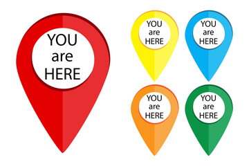 Poster - tags you are here. location icon. set of pins for the map. destination flat markers. vector illustra