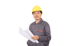 Migrant Worker Wearing Yellow Hard Hat Holding Drawings In Hand In Front Of White Background