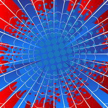 Red And Blue Spider Web Cartoon Background. Colored Comic Book Illustration, Vector Comics Backdrop.