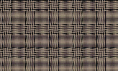 Brown Glen Plaid Seamless Vector Pattern with Black Overcheck 5x5 Houndstooth Check. Trendy High Fashion Print.  Prince of Wales Check. Traditional Scottish Fabric. Repeating Tile Swatch Included.