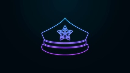 Sticker - Glowing neon line Police cap with cockade icon isolated on black background. Police hat sign. 4K Video motion graphic animation