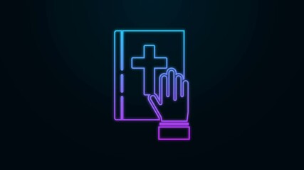 Poster - Glowing neon line Oath on the Holy Bible icon isolated on black background. The procedure in court. Truth and truth. Promise before god. 4K Video motion graphic animation