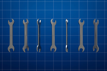 Wall Mural - 3d illustration of metal keys wrenches of different sizes lie on a blue isolated background, side view. Carpenter tools set close up...