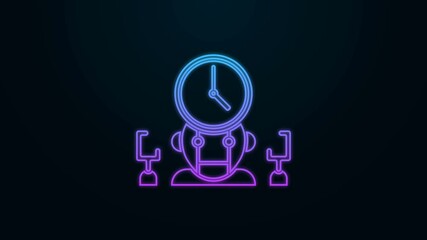 Poster - Glowing neon line Robot and digital time manager icon isolated on black background. Time management assistance, workflow optimization help. 4K Video motion graphic animation