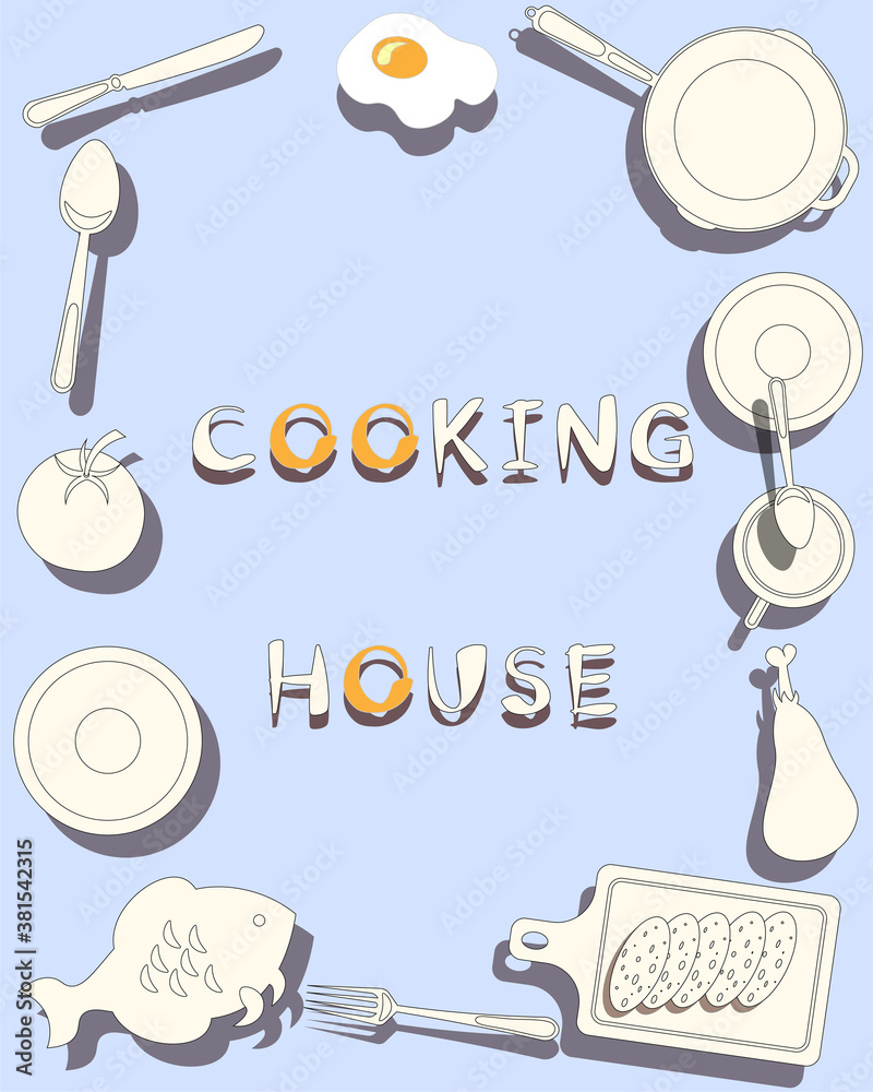 light background of kitchen items and tomato fish chicken sausage ...