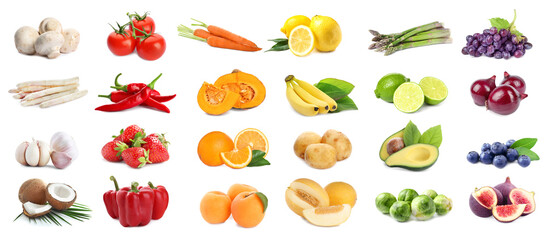 Assortment of organic fresh fruits and vegetables on white background. Banner design