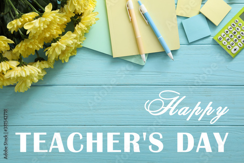 Teacher's day flat lay composition. Greeting card design
