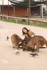 Wall Mural - Woman at the reserve in Australia playing and feeding kangaroos