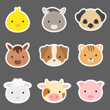Fototapeta Pokój dzieciecy - Set of cute funny animal heads stickers. Domestic cartoon animal characters for baby print design, kids wear, baby shower, greeting and invitation card, wall decor. Flat vector stock illustration