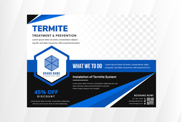 Poster - termite treatment and prevention flyer design template use horizontal layout with blue and black element design. Hexagon space for logo. Space for photo collage.