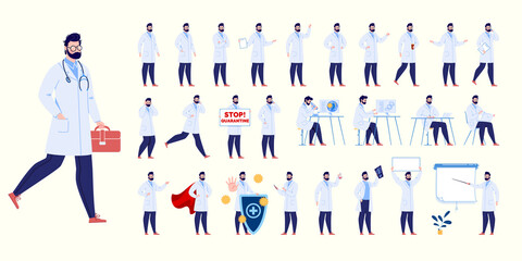 Wall Mural - Doctor character creation set with various poses and gestures. Isolated. Male doctor.