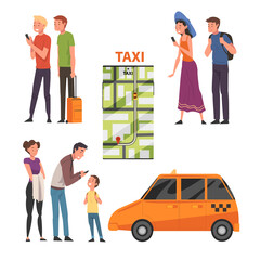 Wall Mural - Taxi Service, Collection of People Calling Taxi Car or Using Mobile Taxi Call Application, City Transportation Vector Illustration