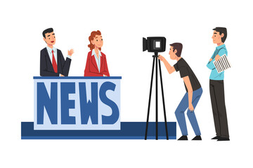 Wall Mural - People on TV Studio Making News, Television Industry Concept Cartoon Style Vector Illustration