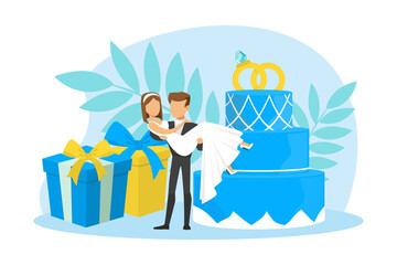 Canvas Print - Tiny Couple of Newlyweds Standing beside Wedding Cake and Huge Gift Boxes, Groom Holding Bride on his Hands at their Wedding Party Flat Vector Illustration