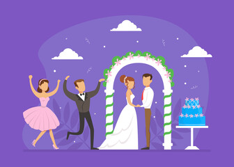 Canvas Print - Wedding Ceremony, Romantic Newlywed Couple Standing Near Wedding Arch, Guests Congratulating them Flat Vector Illustration