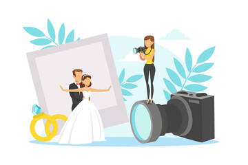 Sticker - Tiny Romantic Newlyweds Standing Together and Posing for Photographer Shooting Them, Wedding Photo Shoot Flat Vector Illustration