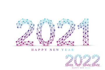 Poster - Text design Christmas and Happy new year 2021, 2022 . Graphic background communication 2021 and 2022. Connected lines with dots. Design element for presentations, flyers, posters, vector illustration.