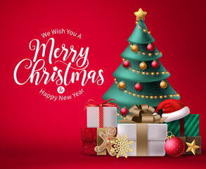 Wall Mural - Merry christmas vector background design. Christmas greeting in red space for text with colorful 3d elements like xmas tree, balls, lights and gift box for holiday season celebration. Vector 