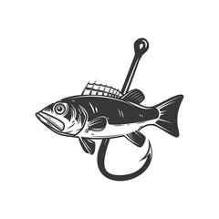 Wall Mural - Illustration of bass and fishing hook. Design element for poster,card, banner, sign, emblem. Vector illustration