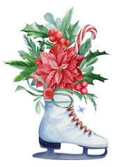 Wall Mural - Christmas decoration of holly, poinsettia, lollipop, ice skates on an isolated white background, watercolor drawing