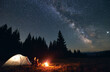 © anatoliy_gleb - Side view of loving couple sitting near bright burning campfire and tent, enjoying beautiful camping night together under dark sky full of shiny stars and bright Milky Way, warm summer night.