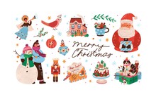 Celebratory Christmas Set With Decorations, Snowman And Santa Claus. Xmas Cute Nutcracker, Cat, Angel, Letter, Cake And House. Vector Flat Cartoon Illustration Of Winter Holiday Elements On White