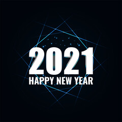 Wall Mural - Happy New Year 2021 and Merry Christmas greeting card. White numbers and neon geometric frame on black background with glowing stars light. Vector illustration