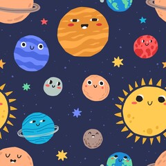 Wall Mural - cute smiling planets in outer space seamless pattern. repeatable childish background with funny face