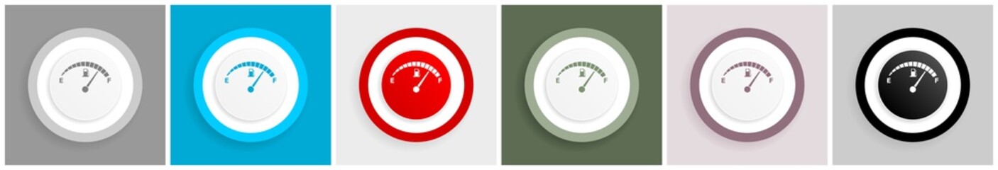 Leinwandbilder - Fuel gauge, car petrol dashboard icon set, colorful flat design vector illustrations in 6 options for web design and mobile applications