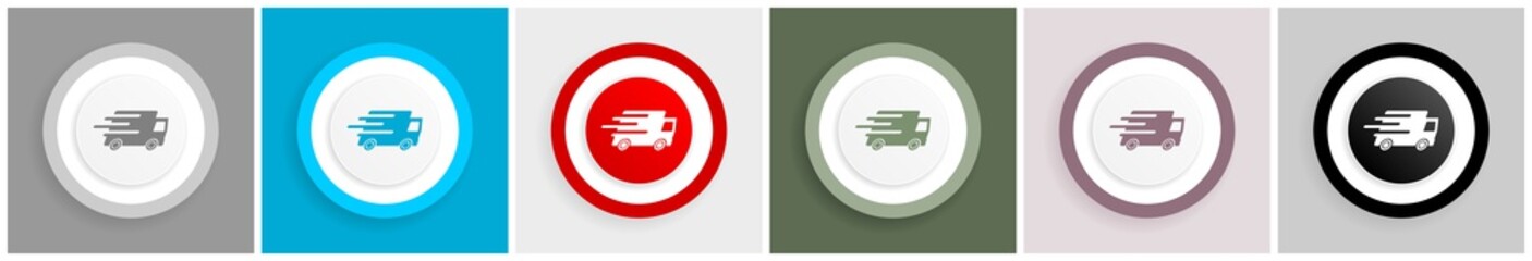 Aufkleber - Speed transport, fast delivery, truck icon set, colorful flat design vector illustrations in 6 options for web design and mobile applications