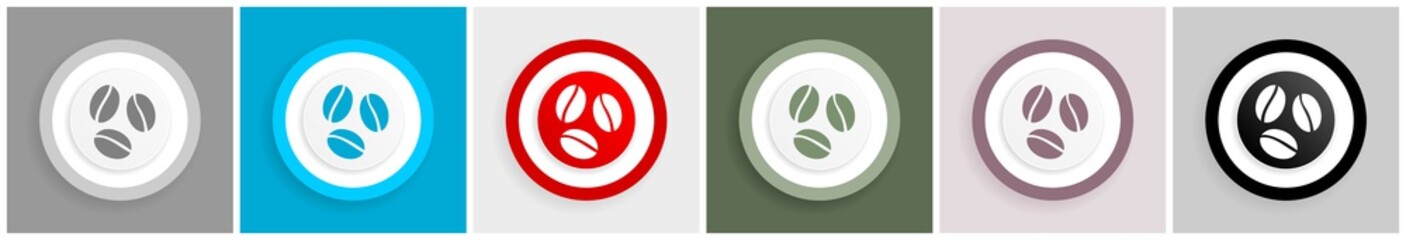 Poster - Coffee beans, cafe icon set, colorful flat design vector illustrations in 6 options for web design and mobile applications