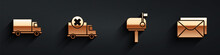 Set Delivery Cargo Truck Vehicle, Delivery Cargo Truck Vehicle, Mail Box And Envelope Icon With Long Shadow. Vector.