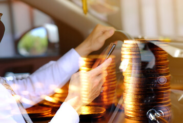 Poster - double exposure, business working a smartphone and coins stacked background and advertising coins of finance and banking, increasing columns of gold coins on table