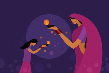 Wall Mural - A mother and daughter wearing traditional dress holding Diwali festival lamps.Concept for Diwali festival in India