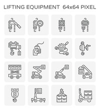 Winch Icon And Other Lifting Equipment Icon Such As Scissor Lift, Cherry Picker, Reach Stacker Etc For Vary Work And Industry Such As Construction, Production, Rection, Maintenance And Warehousing. 