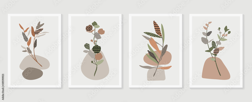 Botanical wall art vector set. boho Foliage line art drawing with ...