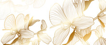 Luxury Gold Floral Line Art Wallpaper Vector. Exotic Botanical Background, Orchid Flower Golden Line Design For Textiles, Wall Art, Fabric, Wedding Invitation, Cover Design Vector Illustration.