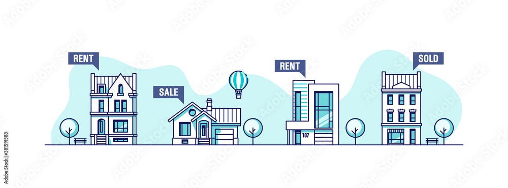 Real estate  business concept. Set of urban houses. Vector illustration. - obrazy, fototapety, plakaty 