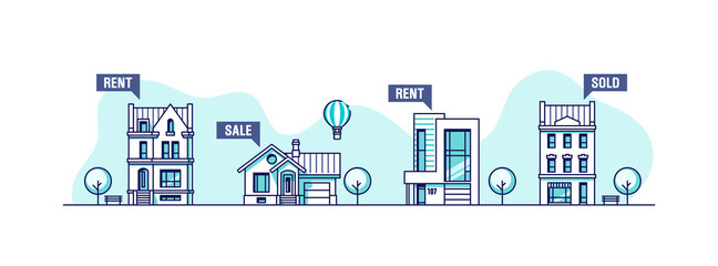 Real estate  business concept. Set of urban houses. Vector illustration.