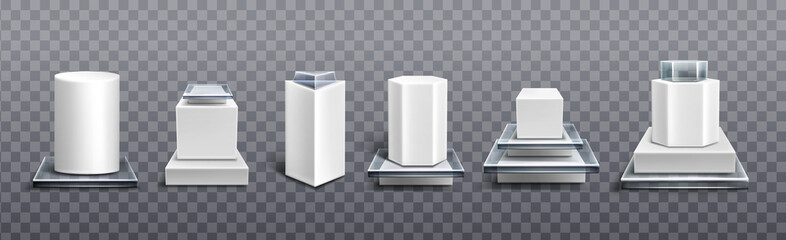 Pedestals from white plastic and glass for display product, exhibit or trophy. Vector realistic set of empty modern podiums different shapes, platforms for showcase, museum or exposition