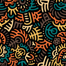 Seamless Tribal Pattern. Ethnic And Aztec Motifs. Patchwork Ornament Painted On A Black Background. Vector Illustration.
