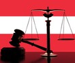 Flag of Austria behind court gavel and scales. 3d rendering