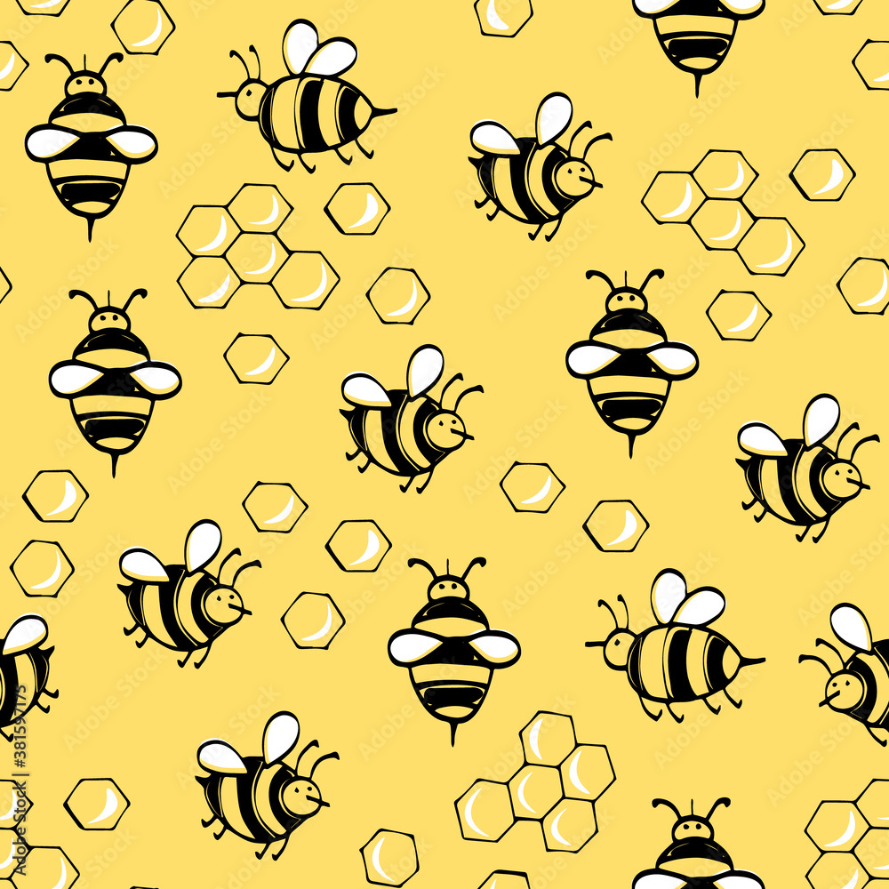 Seamless vector pattern of bees and honeycombs on a yellow background ...