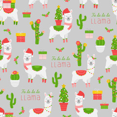 Wall Mural - Cute Christmas llama vector seamless pattern. Xmas llama animal and cactus plants. Isolated on grey background.