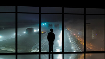 Wall Mural - The male standing near the panoramic window on the shopping center background