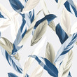 Foliage seamless pattern, heliconia Ctenanthe oppenheimiana plant in blue and brown tones on bright grey