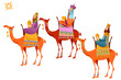 Three biblical Kings (Caspar, Melchior and Balthazar) follow the star. Three wise men on camels.