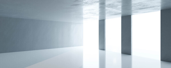 Poster - Abstract empty loft style concrete room with big windows and sunlight 3d architecture rendering illustration
