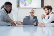 © Sanja - A group of business partners sit in a conference room and analyze business, the boss read data from laptop